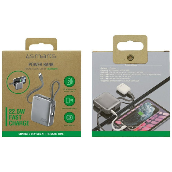 Powerbank 4smarts Pocket Dual Cord 22.5W със вграден кабел, сив