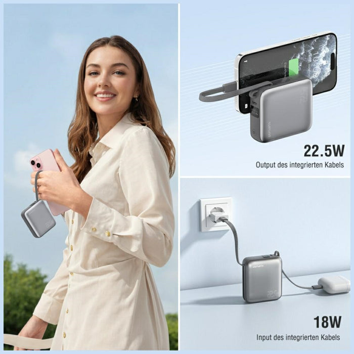 Powerbank 4smarts Pocket Dual Cord 22.5W със вграден кабел, сив