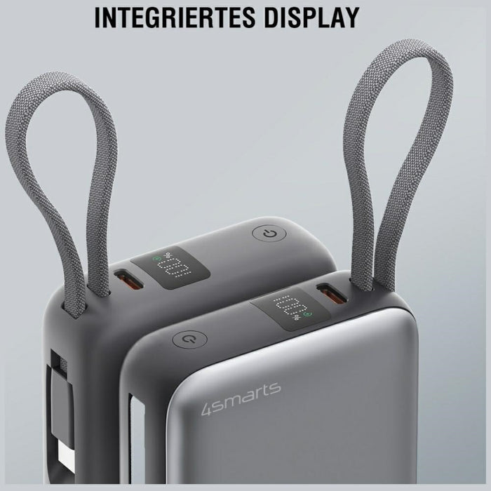 Powerbank 4smarts Pocket Dual Cord 22.5W със вграден кабел, сив