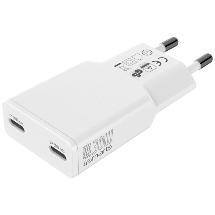 Зарядно 4smarts FlatPlug Slim Dual 30W GaN, бял