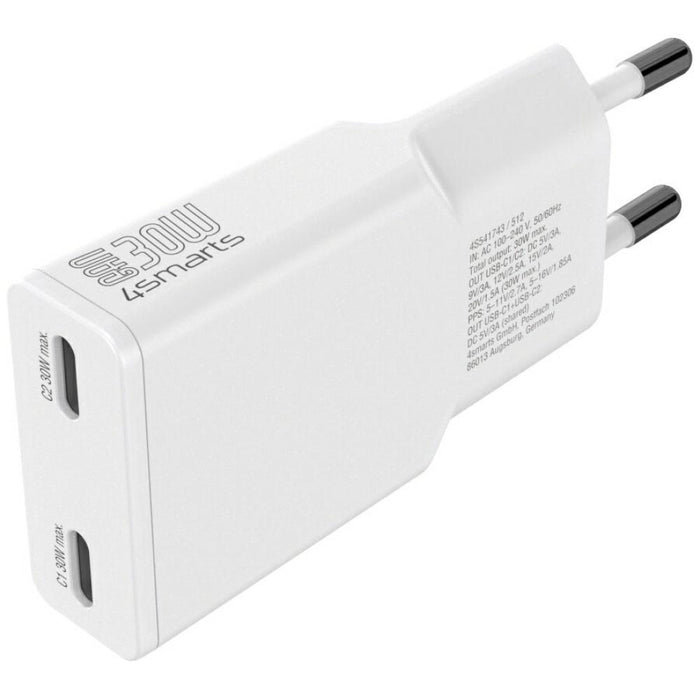 Зарядно 4smarts FlatPlug Slim Dual 30W GaN, бял