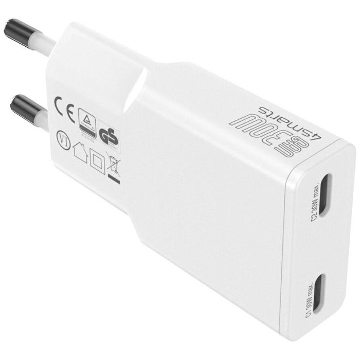 Зарядно 4smarts FlatPlug Slim Dual 30W GaN, бял