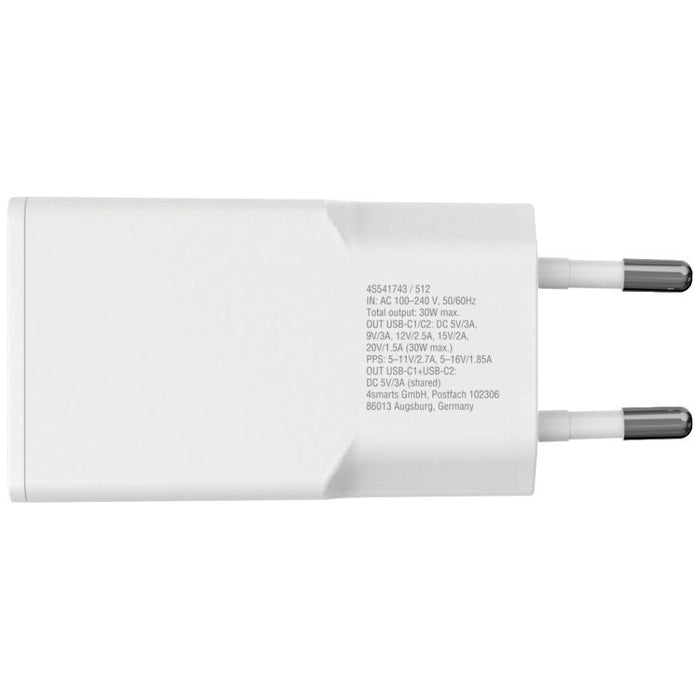 Зарядно 4smarts FlatPlug Slim Dual 30W GaN, бял