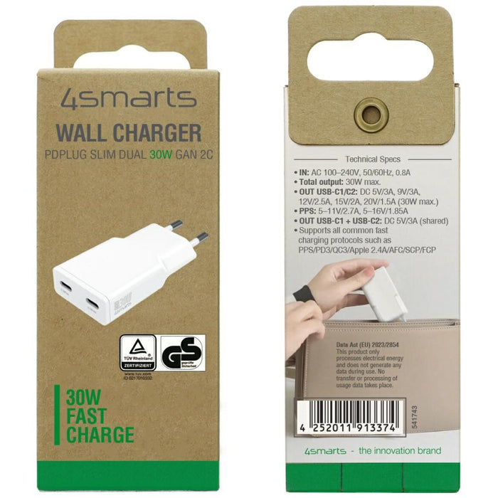 Зарядно 4smarts FlatPlug Slim Dual 30W GaN, бял