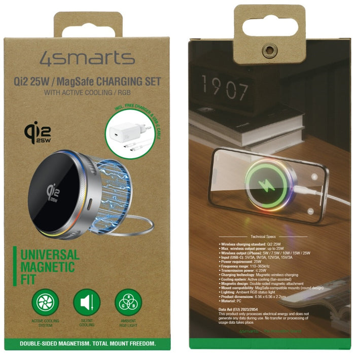 Индукционно зарядно 4smarts 4smarts 25W Qi2 MagSafe RGB 360°, сиво