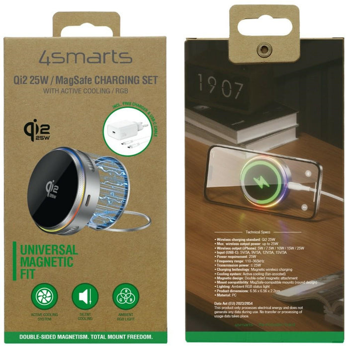 Индукционно зарядно 4smarts 4smarts 25W Qi2 MagSafe RGB, сиво