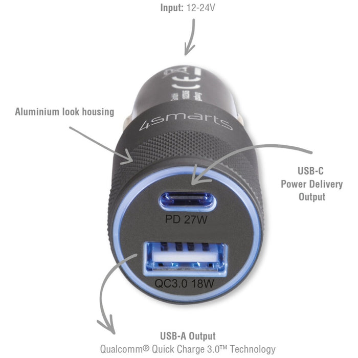 Автомобилна зарядна 4smarts Charger Rapid+ 27W Quick Charge PD, сива/черна