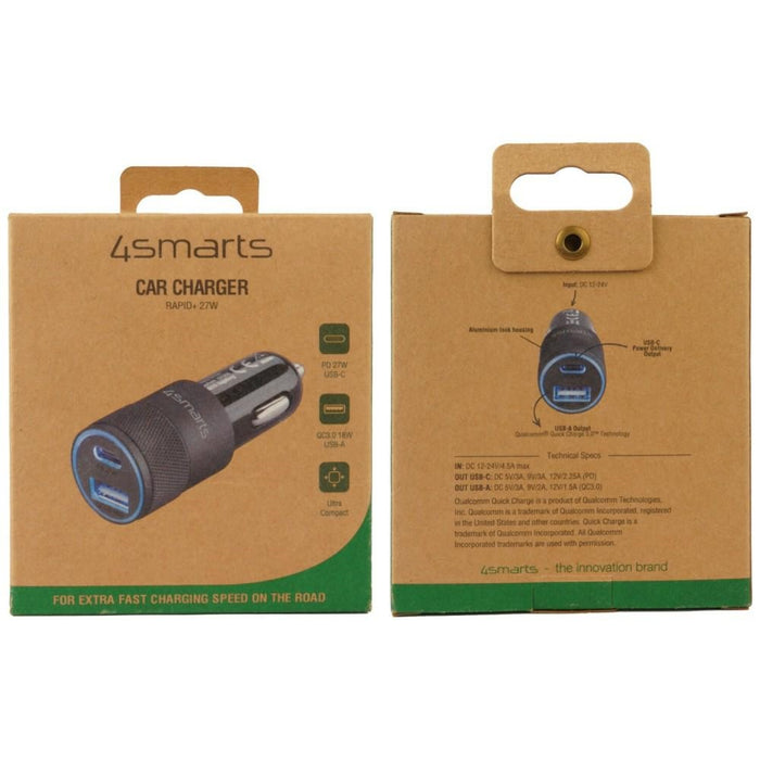 Автомобилна зарядна 4smarts Charger Rapid+ 27W Quick Charge PD, сива/черна