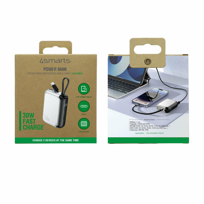 Powerbank 4smarts Pocket 30W със вграден кабел, сребърен
