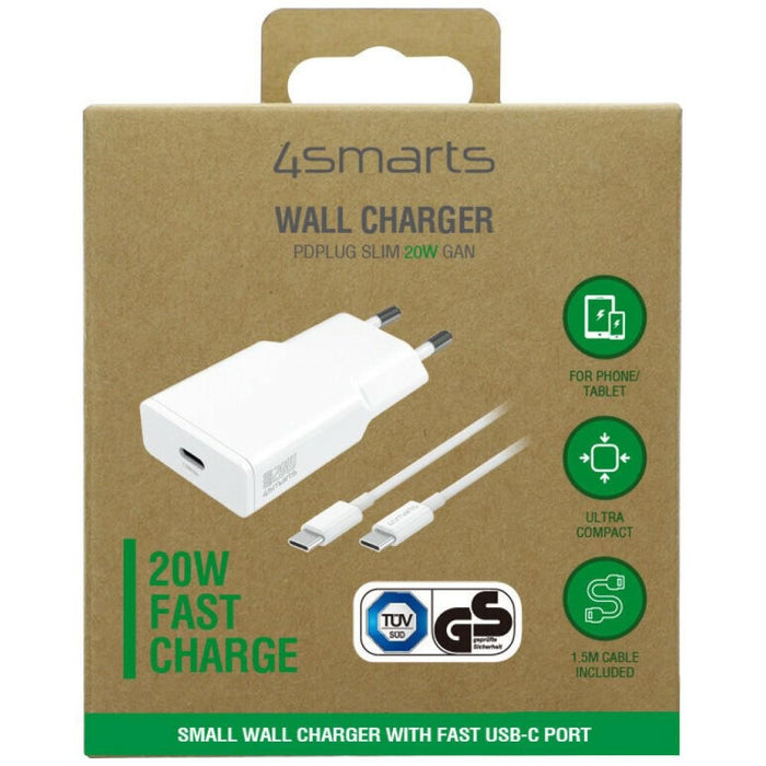 Комплект зарядно 4smarts PDPlug Slim 20W GaN + кабел 1.5m, бяло