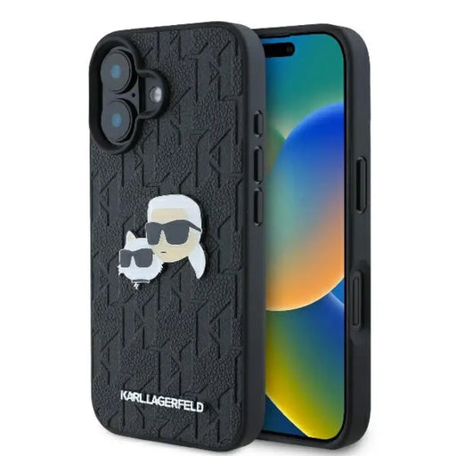 Калъф за iPhone 16 Plus с монограм Karl & Choupette - черен