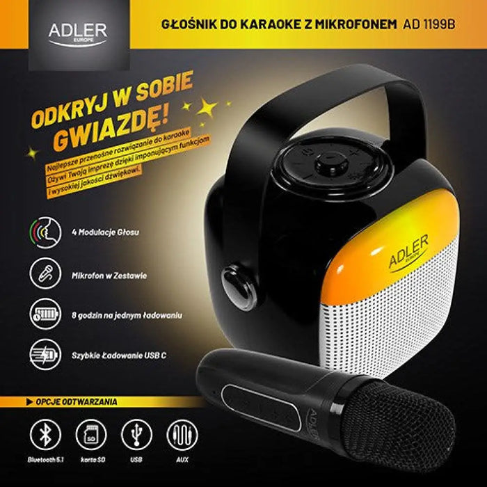 Adler AD 1199 черна караоке тонколона с микрофон