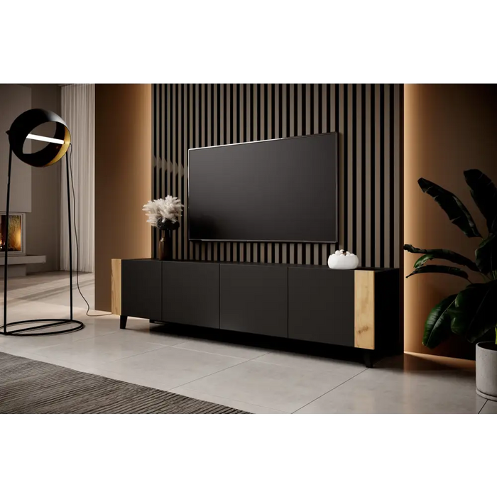 ТВ шкаф FARO 200x42x52 черен мат + дъб крафт