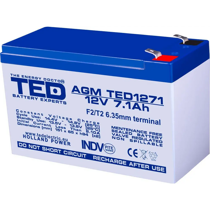 Оловна батерия TED ELECTRIC AGM 12V 7Ah 151/ 65/ 94 mm