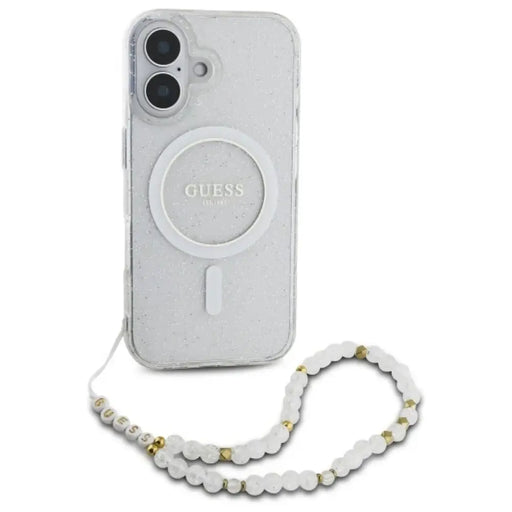 Калъф Guess IML с блясък и перлена каишка MagSafe за iPhone