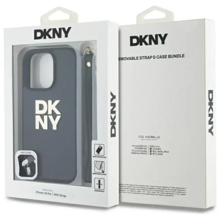 Калъф за iPhone 16 Pro с лого на DKNY за китка - черен