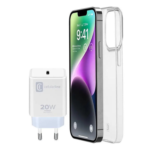 Зарядно устройство Cellularline USB-C 20W + калъф за iPhone