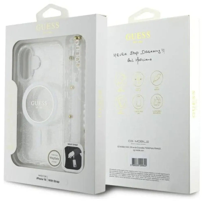 Калъф Guess IML с блясък и перлена каишка MagSafe за iPhone