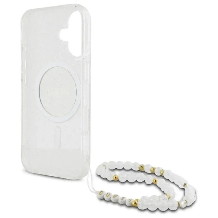 Калъф Guess IML с блясък и перлена каишка MagSafe за iPhone