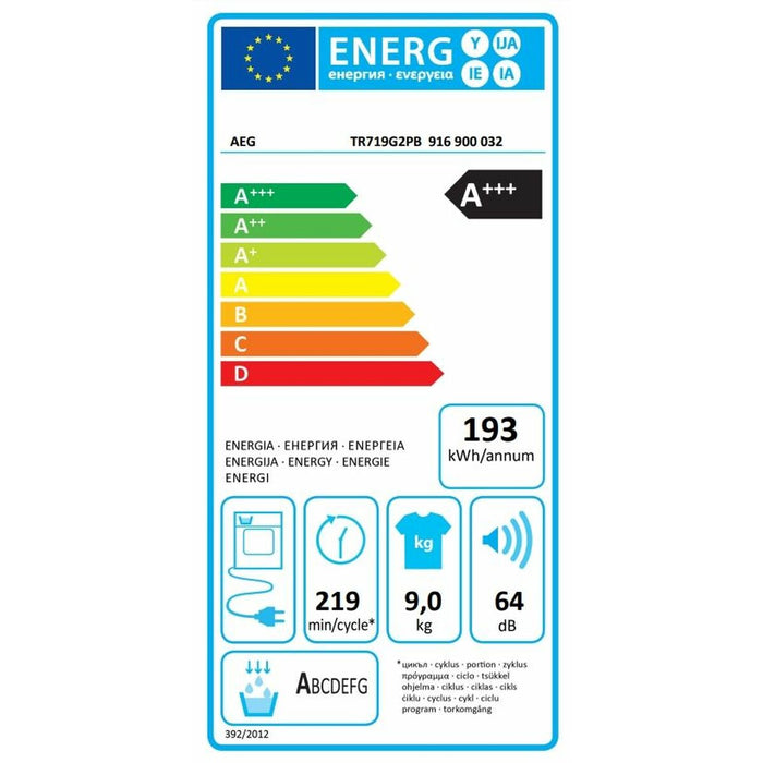 Dryer AEG TR719G2PB 9 kg Топлинна помпа Бял