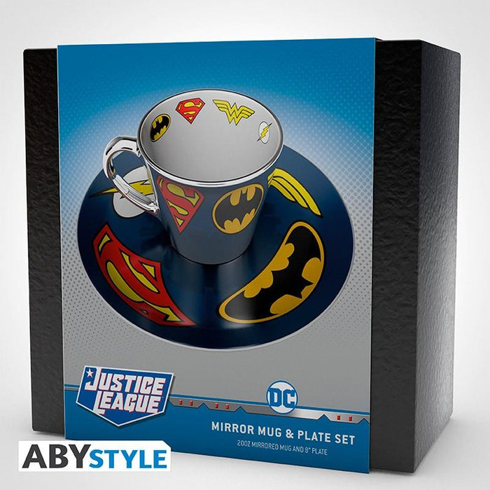 Комплект ABYSTYLE DC COMICS Mirror mug &amp; plate set Logo, Чаша, Подложка с емблеми