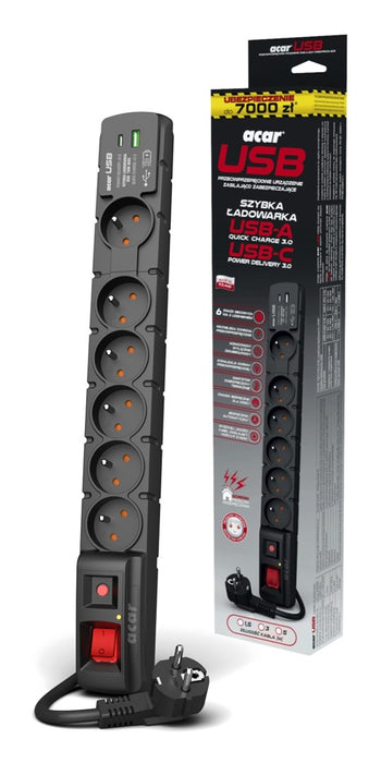 ACAR W2436 защита от пренапрежение Черен 6 AC изход(а) 230 V 1,5 m