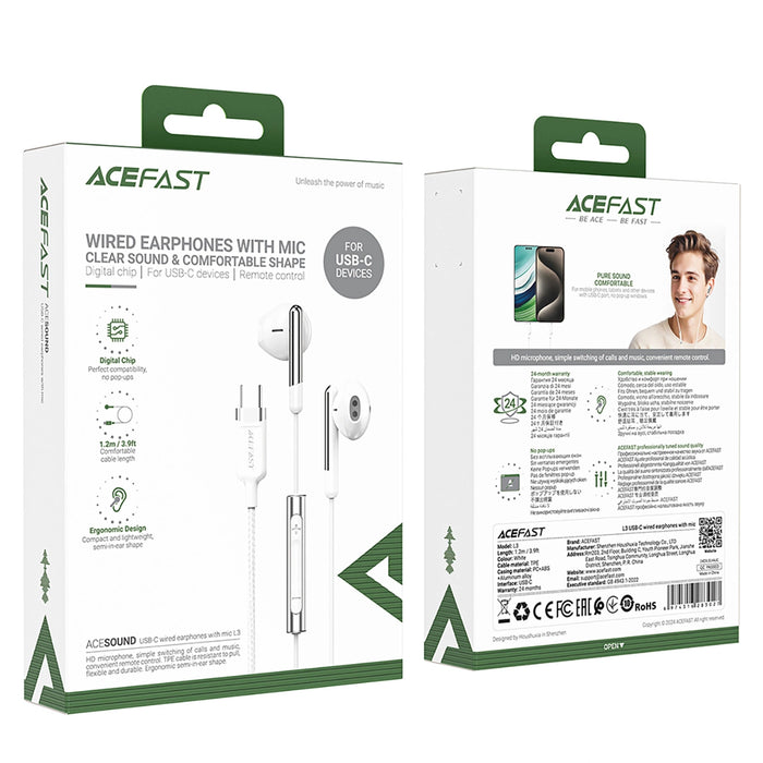 Acefast L3 кабелни USB-C слушалки с микрофон - бели