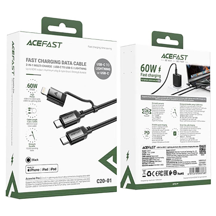 Acefast C20-01 USB-C - USB-C/ Lightning кабел 60W/30W 480Mb/s 3A 1.2m - черен