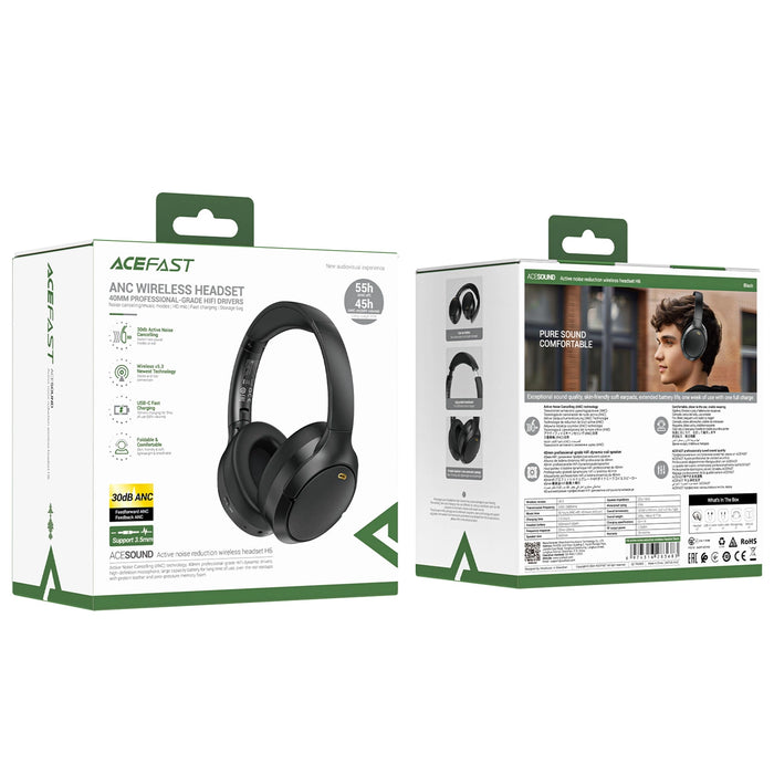 Acefast H6 ANC безжични Bluetooth 5.3 IPX4 слушалки Over-Ear - черни
