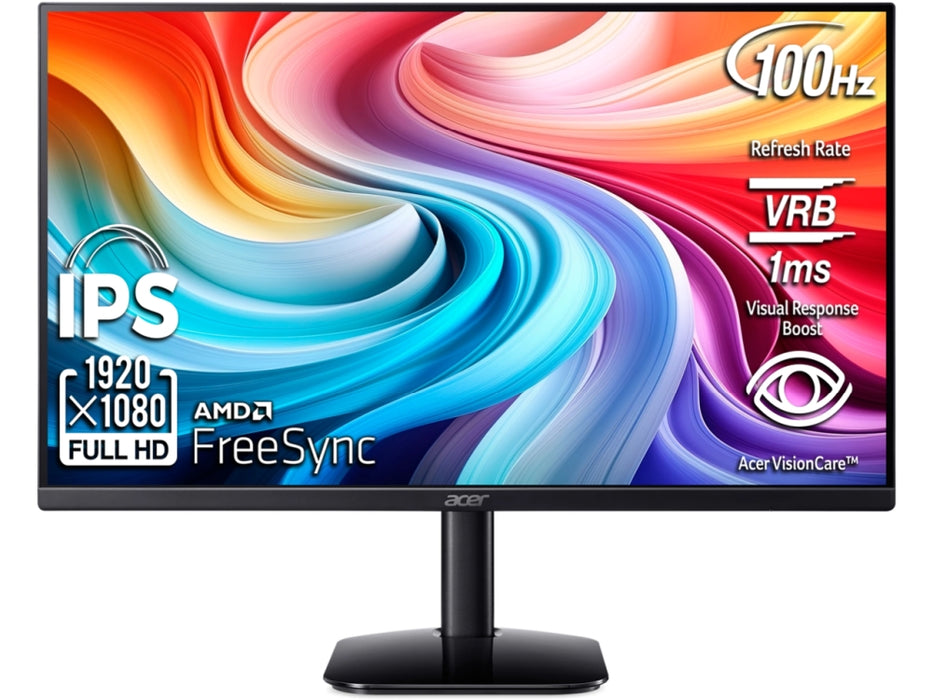 Acer KA242YE0bi, 24" IPS LED, ZeroFrame, FHD (1920x1080) FreeSync, 1ms(VRB), 100Hz, 100M:1, 250 cd/m2, VGA, HDMI, Audio in/out, Tilt,VESA, Черен