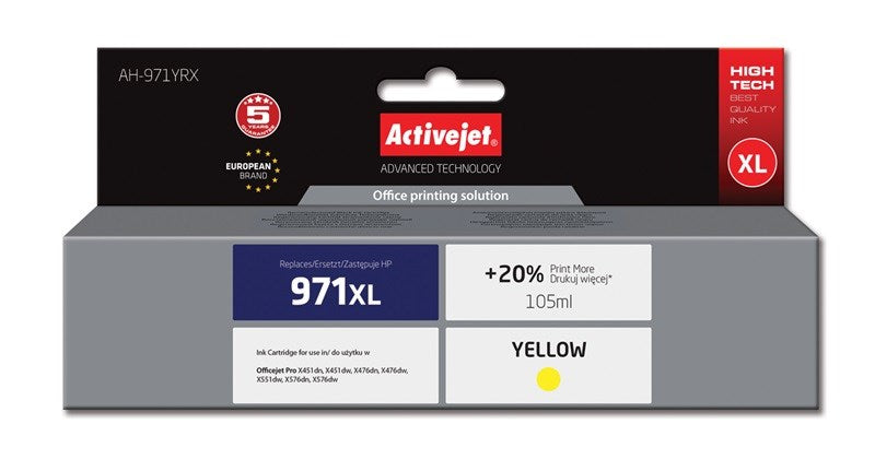 Activejet AH-971YRX касета с мастило (заместител за HP 971XL CN628AE; Premium; 100 ml; жълта)