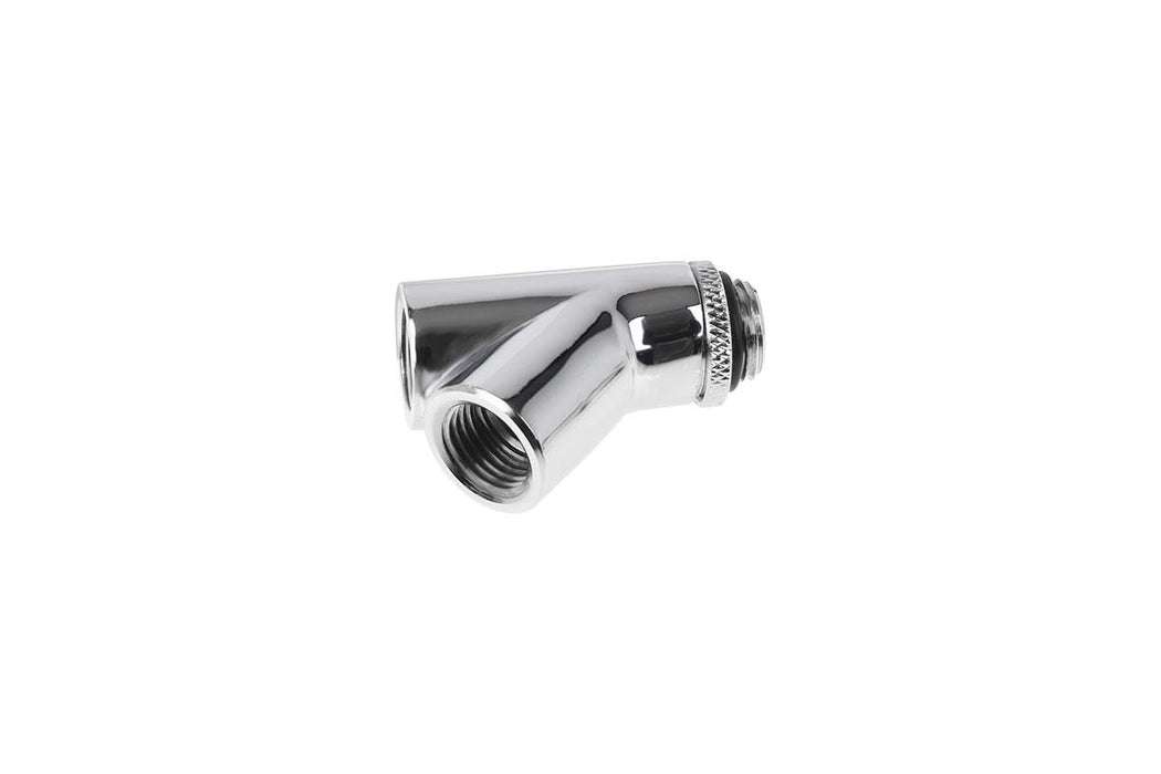 Y-конектор Alphacool Eiszapfen, Въртящ се, 45&deg;, G1/4 външна към 2 x G1/4 вътрешна резба, Сребрист