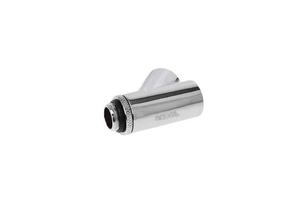 Y-конектор Alphacool Eiszapfen, Въртящ се, 45&deg;, G1/4 външна към 2 x G1/4 вътрешна резба, Сребрист