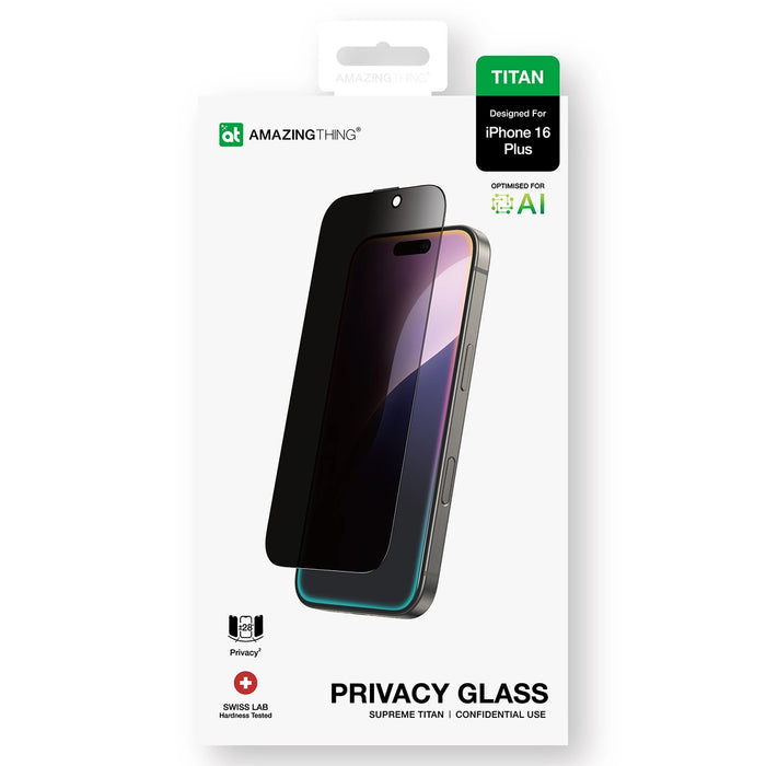 AmazingThing Titan Privacy Glass Закалено стъкло за поверителност за iPhone 16 Plus