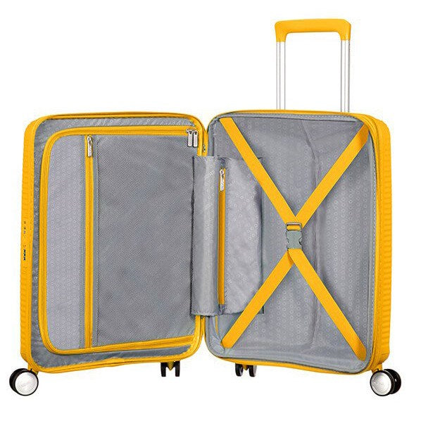 Кабинен куфар American Tourister Soundbox EXP - златисто жълт