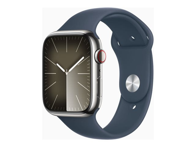 APPLE Watch S9 Cellular 45mm сребърен корпус от неръждаема стомана w Storm Blue спортна каишка M/L