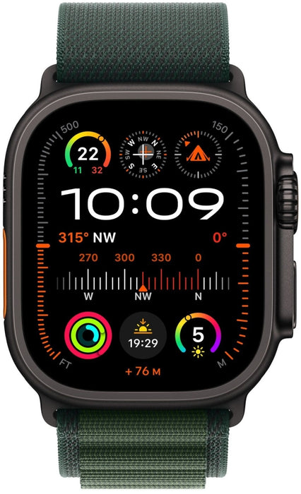 Apple Watch 49mm Loop: Тъмнозелен алпийски Loop - малък - черно титаниево покритие