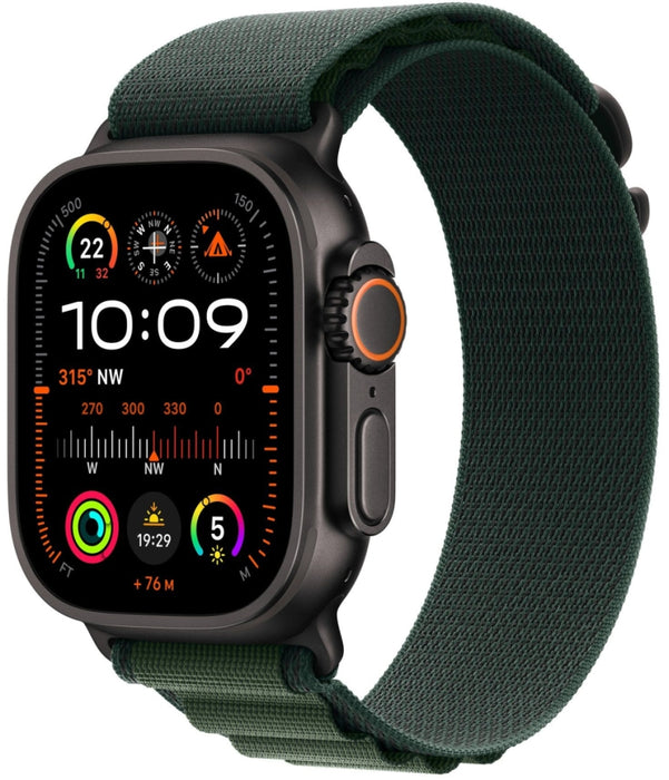 Apple Watch 49mm Loop: Тъмнозелен алпийски Loop - малък - черно титаниево покритие