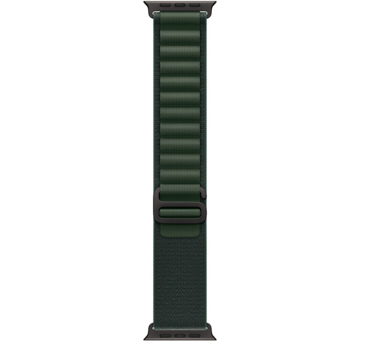 Apple Watch 49mm Loop: Тъмнозелен алпийски Loop - малък - черно титаниево покритие