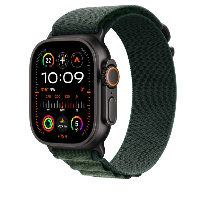 Apple Watch 49mm Loop: Тъмнозелен алпийски Loop - среден - черно титаниево покритие