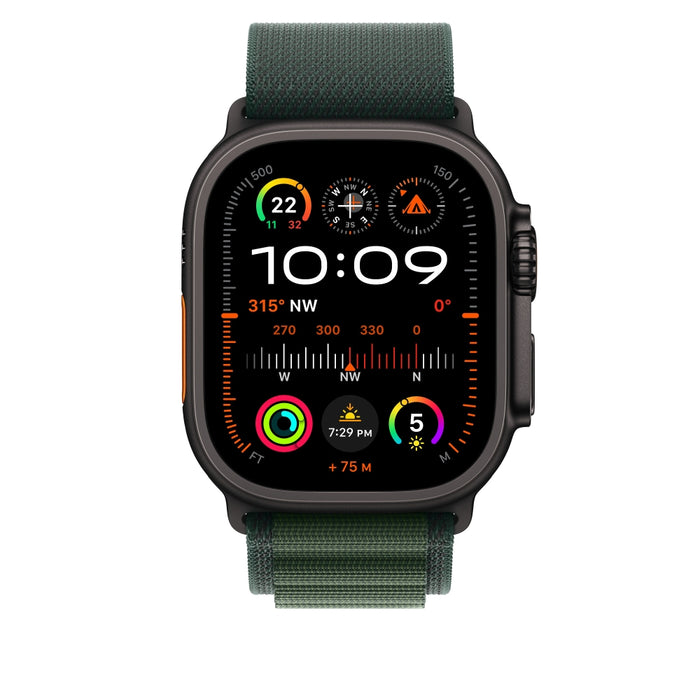Apple Watch 49mm Loop: Тъмнозелен алпийски Loop - голям - черно титаниево покритие