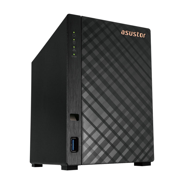 Asustor AS1102T, NAS с 2 отделения, Realtek RTD1296, четириядрен, 1,4 GHz, 1 GB DDR4 (без възможност за разширяване), 2,5 GbE x1, USB3.2 Gen1 x2, WOW (събуждане при WAN), режим на заспиване на системата