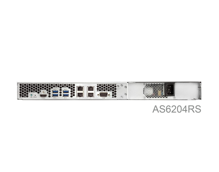 Asustor AS6204RS, 4-отсечен NAS, Intel Celeron Quad-Core N3160 (до 2,24 GHz, 2MB), 4 GB DDR3L SO-DIMM (макс. 8GB), 4 x 3,5" или SSD, GbE x 4, 4*USB 3.0, HDMI, тава за заключване, 1U Rack, Single Power & Rail Kit