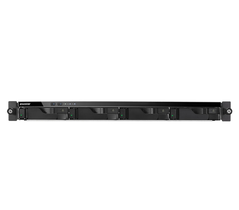 Asustor AS6204RS, 4-отсечен NAS, Intel Celeron Quad-Core N3160 (до 2,24 GHz, 2MB), 4 GB DDR3L SO-DIMM (макс. 8GB), 4 x 3,5" или SSD, GbE x 4, 4*USB 3.0, HDMI, тава за заключване, 1U Rack, Single Power & Rail Kit