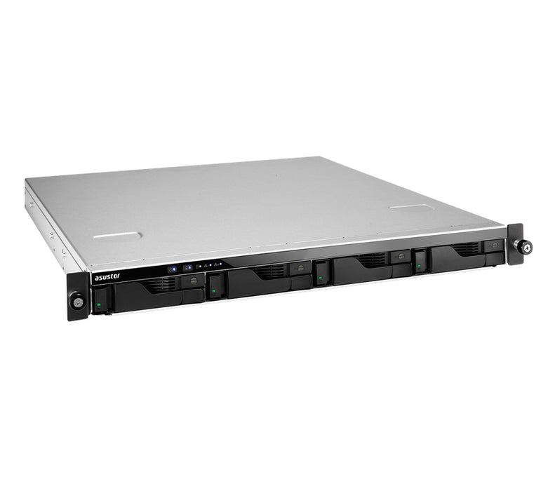 Asustor AS6204RS, 4-отсечен NAS, Intel Celeron Quad-Core N3160 (до 2,24 GHz, 2MB), 4 GB DDR3L SO-DIMM (макс. 8GB), 4 x 3,5" или SSD, GbE x 4, 4*USB 3.0, HDMI, тава за заключване, 1U Rack, Single Power & Rail Kit