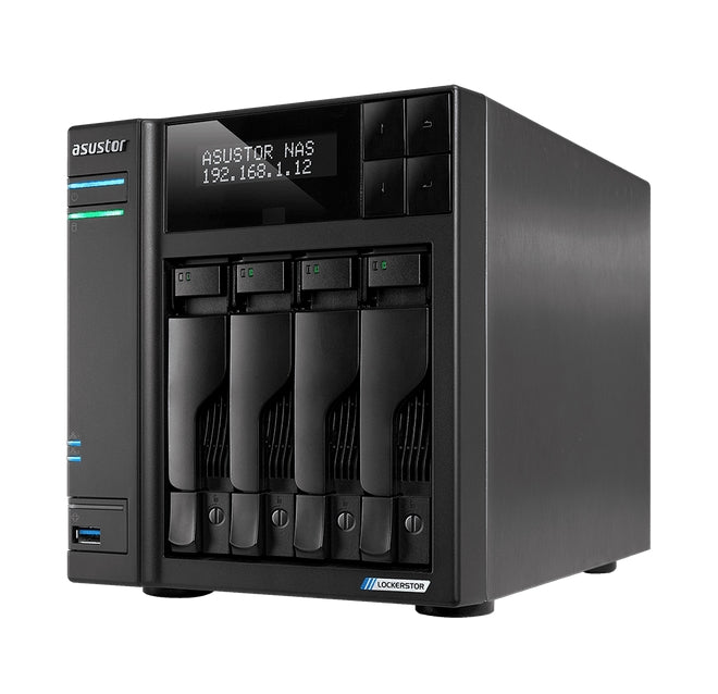 Asustor Lockerstore 4 AS6604T, 4-Bay NAS, Intel Apollo Lake Quad-Core J4125 до 2,7 GHz, 4 GB SO-DIMM DDR4, M.2 слотове (2280 NVMe SSD) x2, GbE x 2, USB 3.2 x 3, HDMI 2.0, WOW (Wake on WAN), WOL, система Режим на заспиване, AES-NI хардуерно криптиране