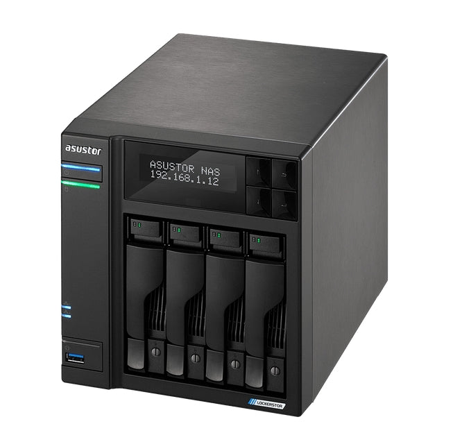 Asustor Lockerstore 4 AS6604T, 4-Bay NAS, Intel Apollo Lake Quad-Core J4125 до 2,7 GHz, 4 GB SO-DIMM DDR4, M.2 слотове (2280 NVMe SSD) x2, GbE x 2, USB 3.2 x 3, HDMI 2.0, WOW (Wake on WAN), WOL, система Режим на заспиване, AES-NI хардуерно криптиране