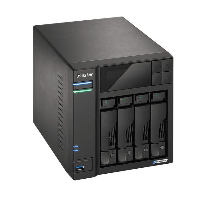 Asustor Lockerstore 4 AS6604T, 4-Bay NAS, Intel Apollo Lake Quad-Core J4125 до 2,7 GHz, 4 GB SO-DIMM DDR4, M.2 слотове (2280 NVMe SSD) x2, GbE x 2, USB 3.2 x 3, HDMI 2.0, WOW (Wake on WAN), WOL, система Режим на заспиване, AES-NI хардуерно криптиране