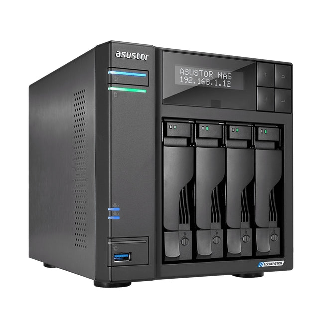 Asustor Lockerstore 4 AS6604T, 4-Bay NAS, Intel Apollo Lake Quad-Core J4125 до 2,7 GHz, 4 GB SO-DIMM DDR4, M.2 слотове (2280 NVMe SSD) x2, GbE x 2, USB 3.2 x 3, HDMI 2.0, WOW (Wake on WAN), WOL, система Режим на заспиване, AES-NI хардуерно криптиране