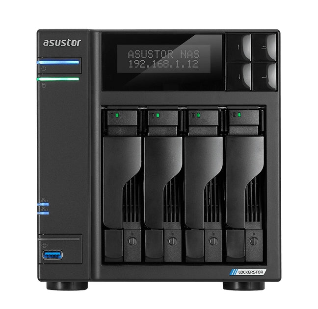 Asustor Lockerstore 4 AS6604T, 4-Bay NAS, Intel Apollo Lake Quad-Core J4125 до 2,7 GHz, 4 GB SO-DIMM DDR4, M.2 слотове (2280 NVMe SSD) x2, GbE x 2, USB 3.2 x 3, HDMI 2.0, WOW (Wake on WAN), WOL, система Режим на заспиване, AES-NI хардуерно криптиране